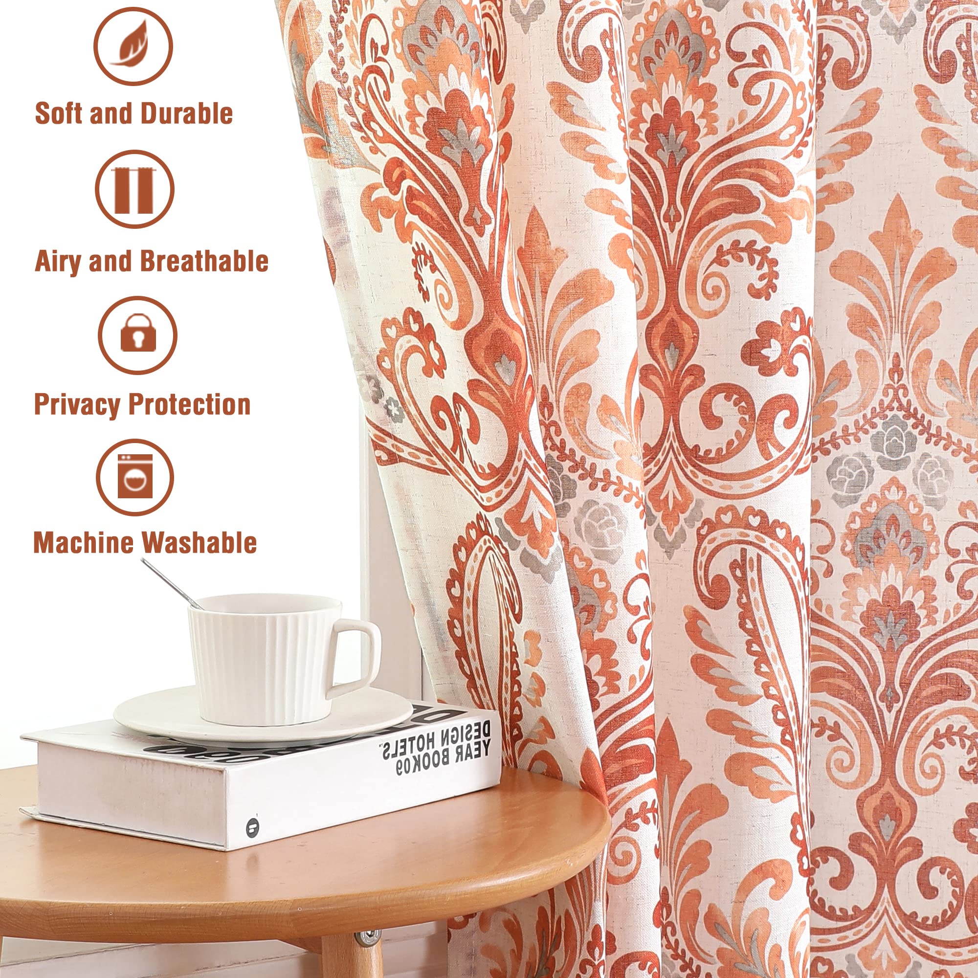 ستائر كتان من H.VERSAILTEX بطول 160 سم، مكونة من لوحين، لون أحمر تيري، بنقشة زهور