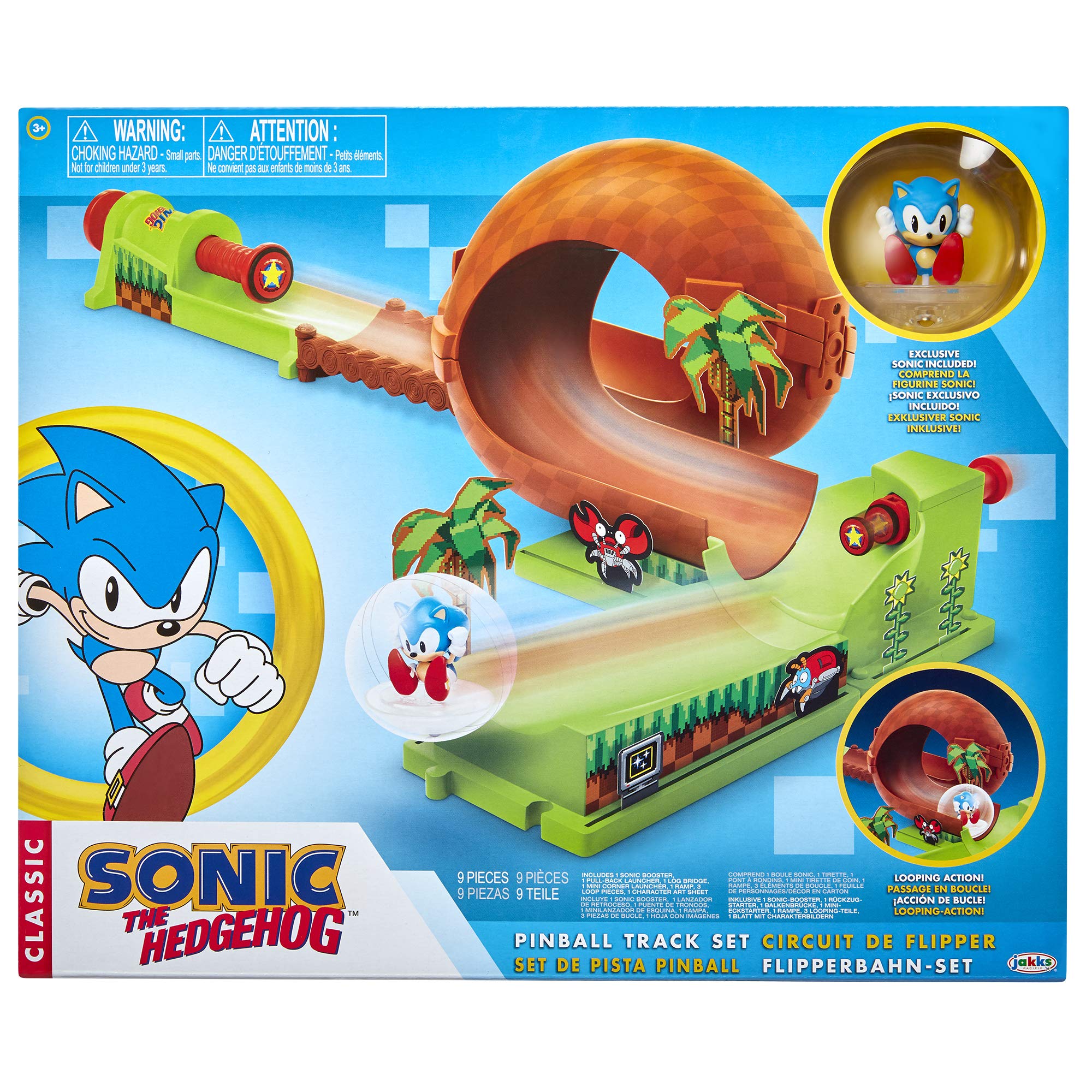 Sonic The Hedgehog Pinball Green Hill Zone Pinball Track Play Set |Looping Action & Automatic Bumper | 9Piece with Exclusive Sonic Sphere Included