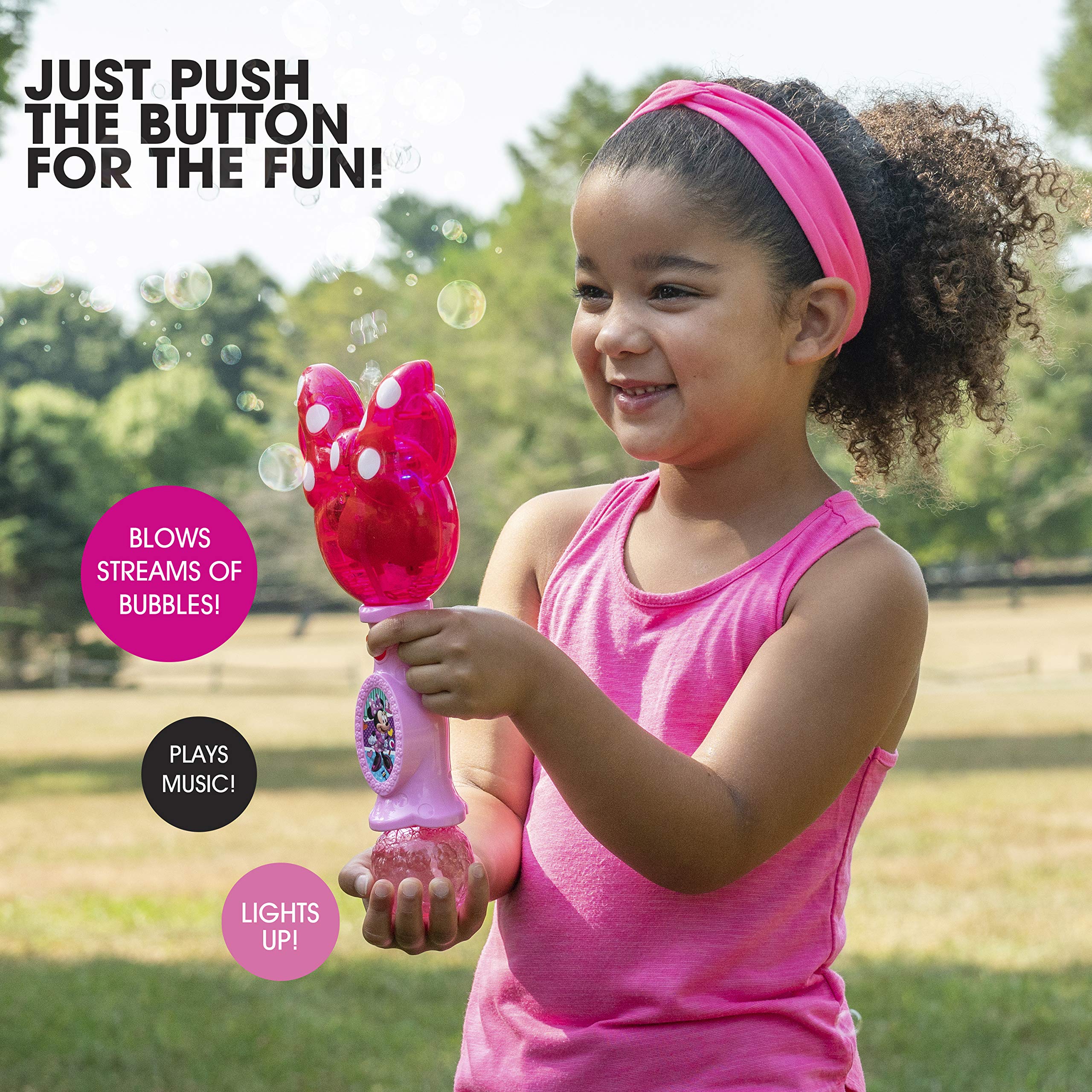 عصا الفقاعات الموسيقية المضيئة والصوتية من ديزني ميني ماوس للأطفال الصغار، تتضمن محلول الفقاعات، متعدد الألوان (2051)