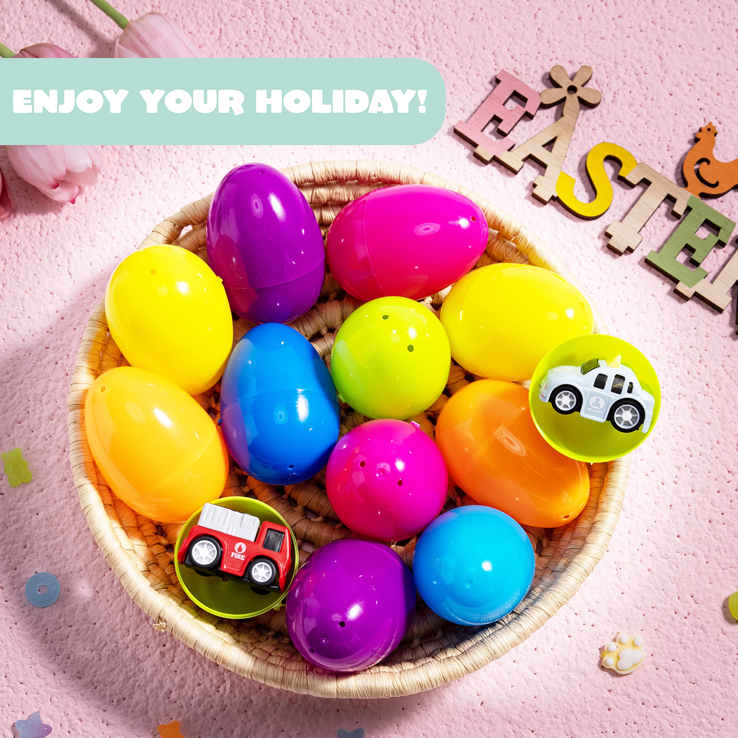 JOYIN 12 Packs Pre-Filled Easter Eggs with Cars for Boys, Basket Stuffers Easter Egg Hunt, Goodie Bag Fillers Classroom Prize and Party Favors for Kids
