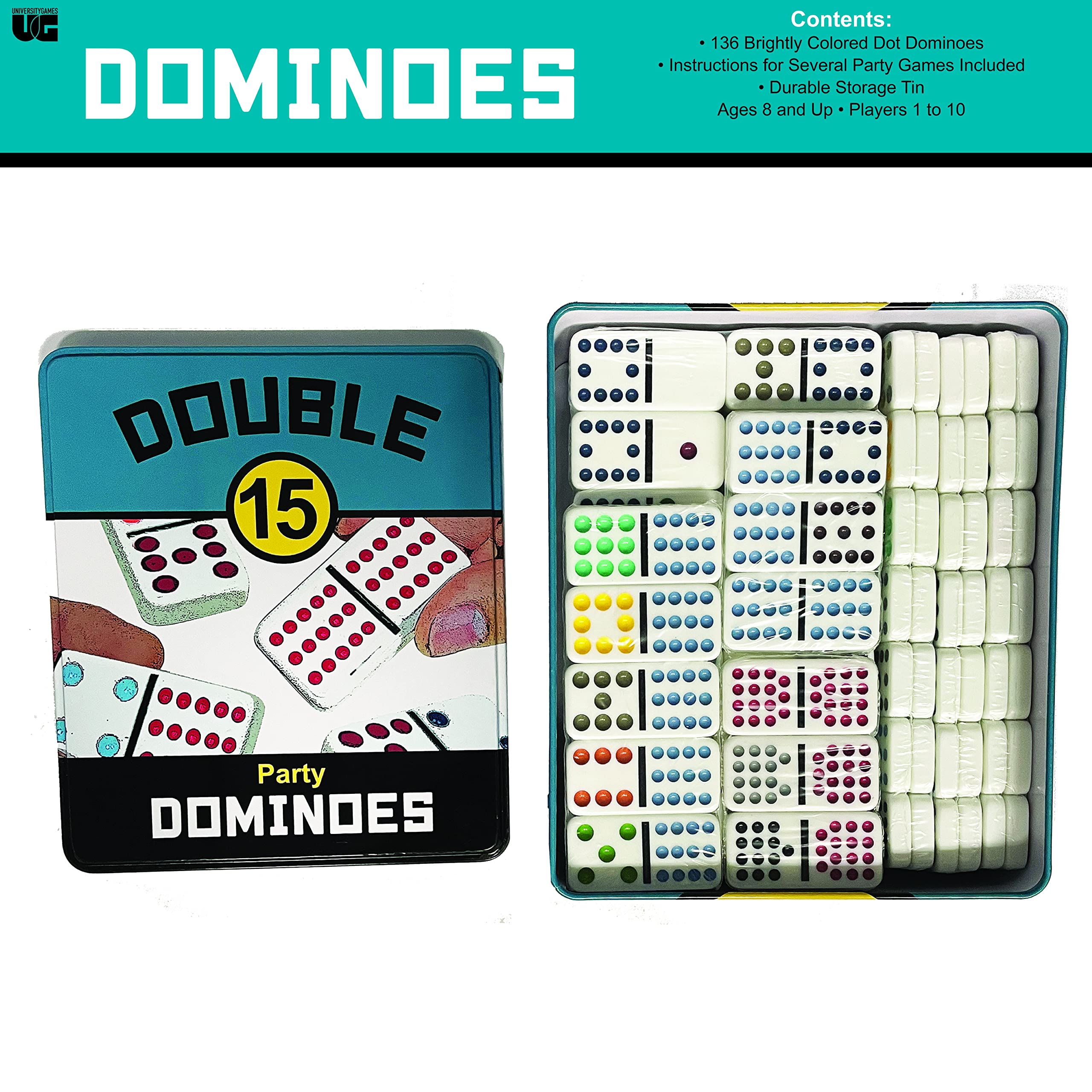 Front Porch Classics, Double 15 Color Dot Dominoes Set On-The-Go Travel Storage Tin, 2 to 12 Players Ages 8 to 99