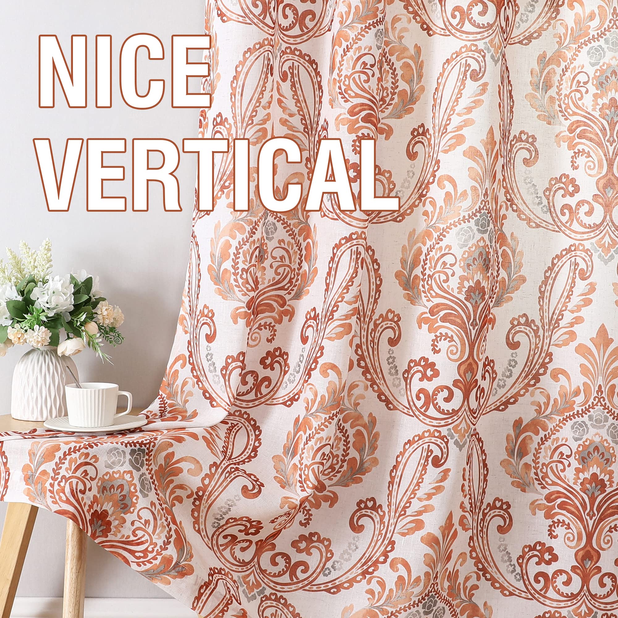 ستائر كتان من H.VERSAILTEX بطول 160 سم، مكونة من لوحين، لون أحمر تيري، بنقشة زهور