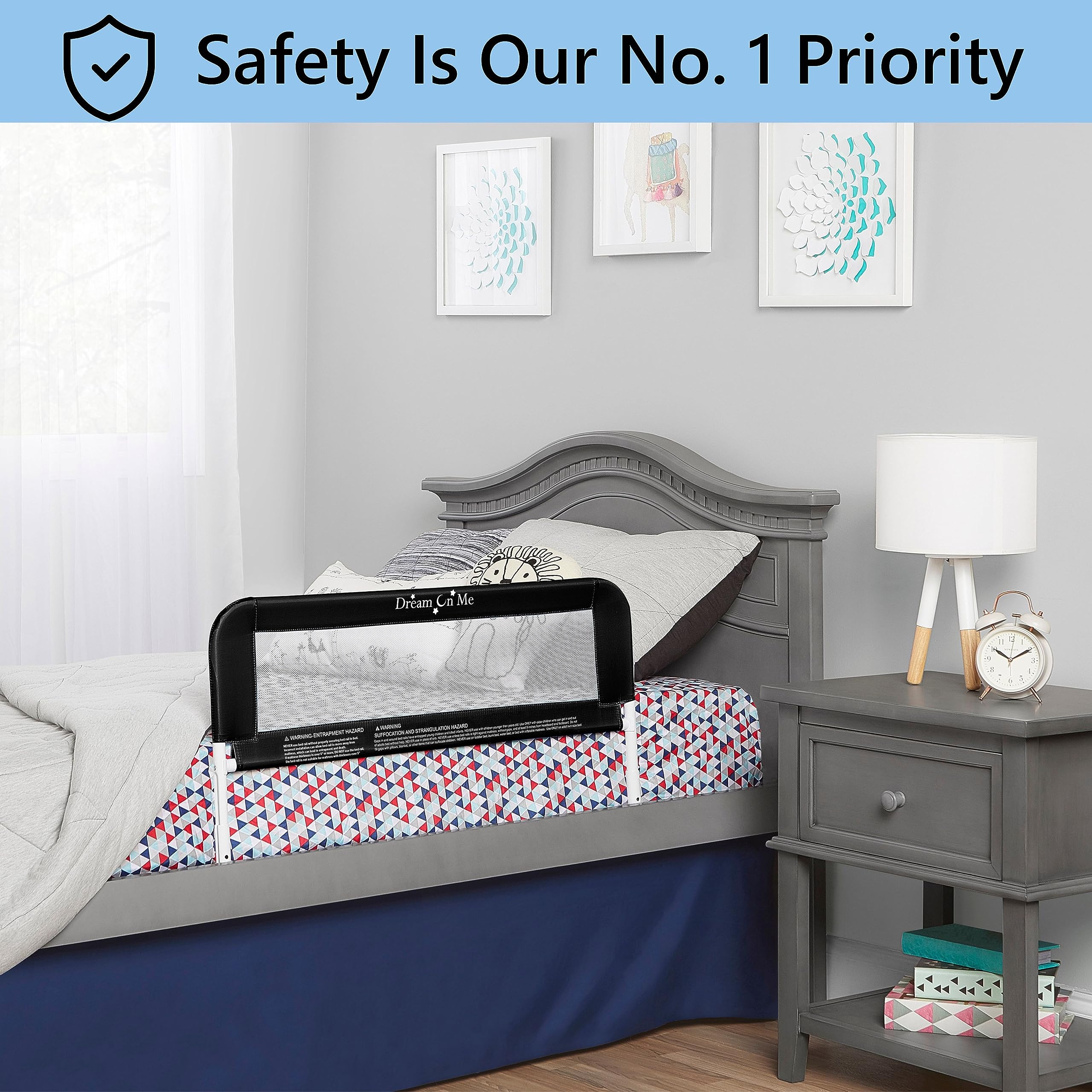 Dream On Me Lightweight Mesh Security Adjustable Bed Rail for Toddler(Black)