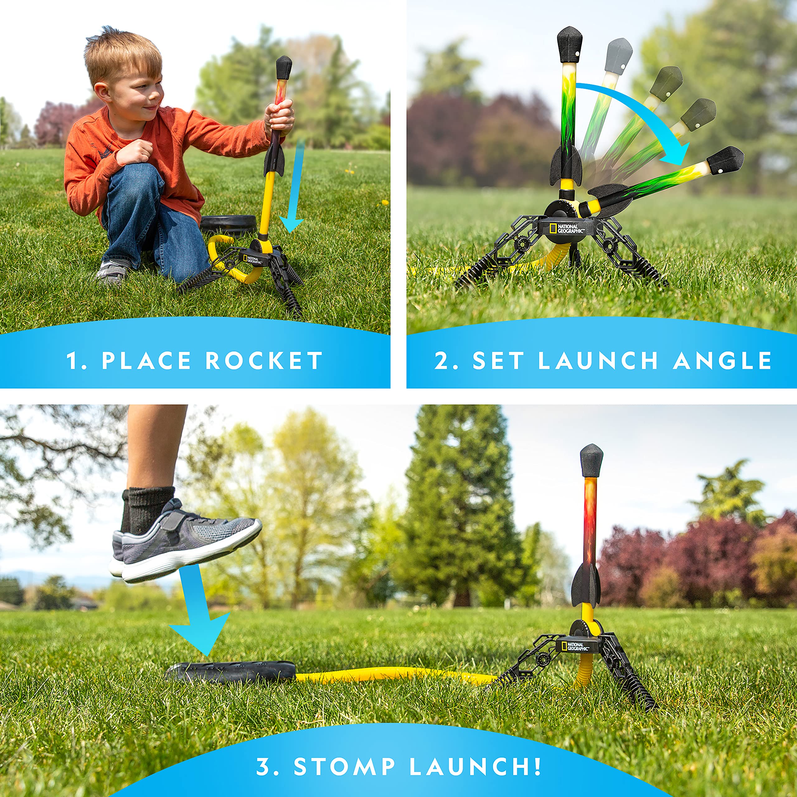 Blue Marble National Geographic Air Rocket Toy – Ultimate LED Rocket Launcher for Kids, Jump and Launch The Light Up, Air Powered, Foam Tipped Rockets up to 100 Feet