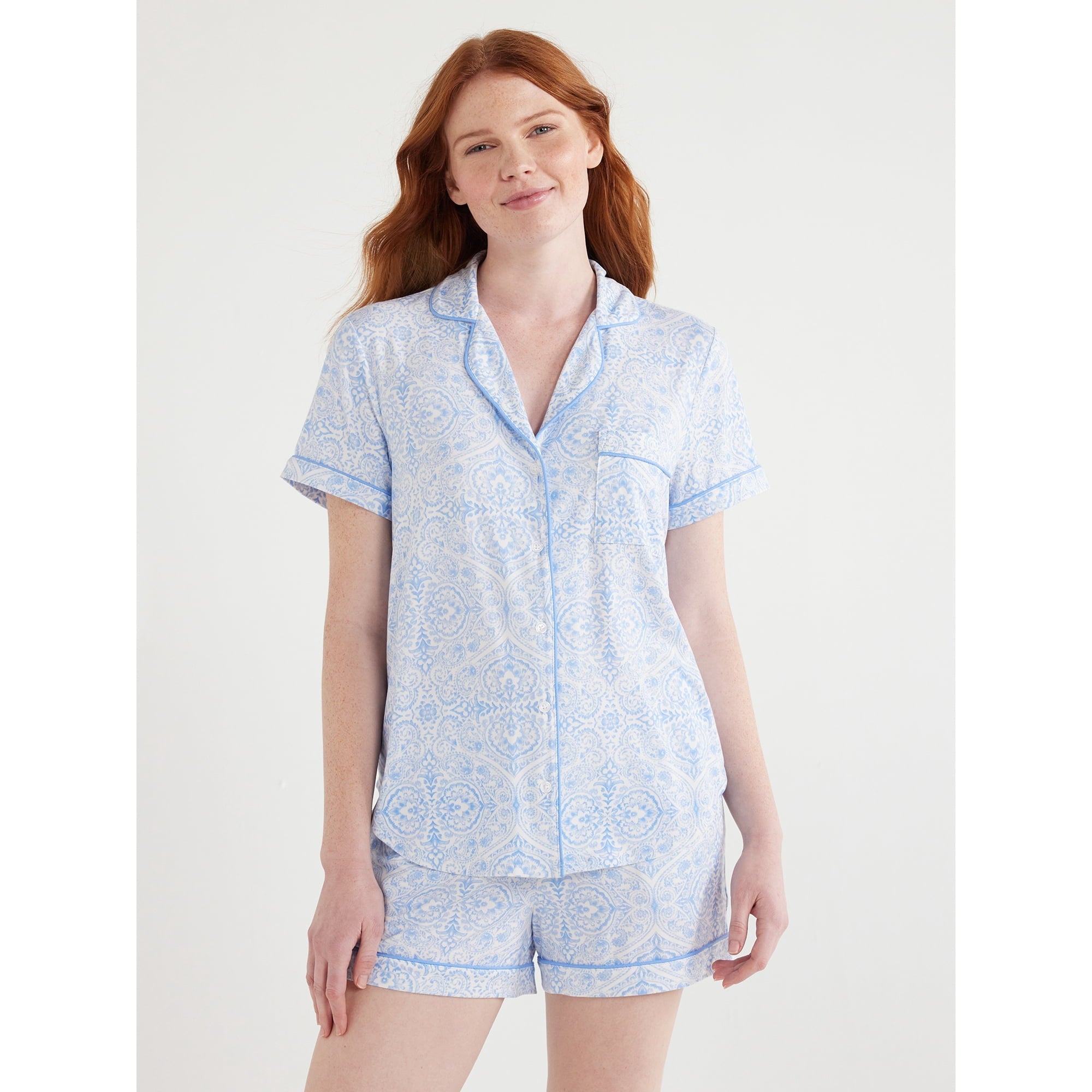 المقاس: M (8-10) - طقم بيجامة نسائي من Joyspun، مكون من بلوزة وشورت محبوكين بياقة مدببة، قطعتين.