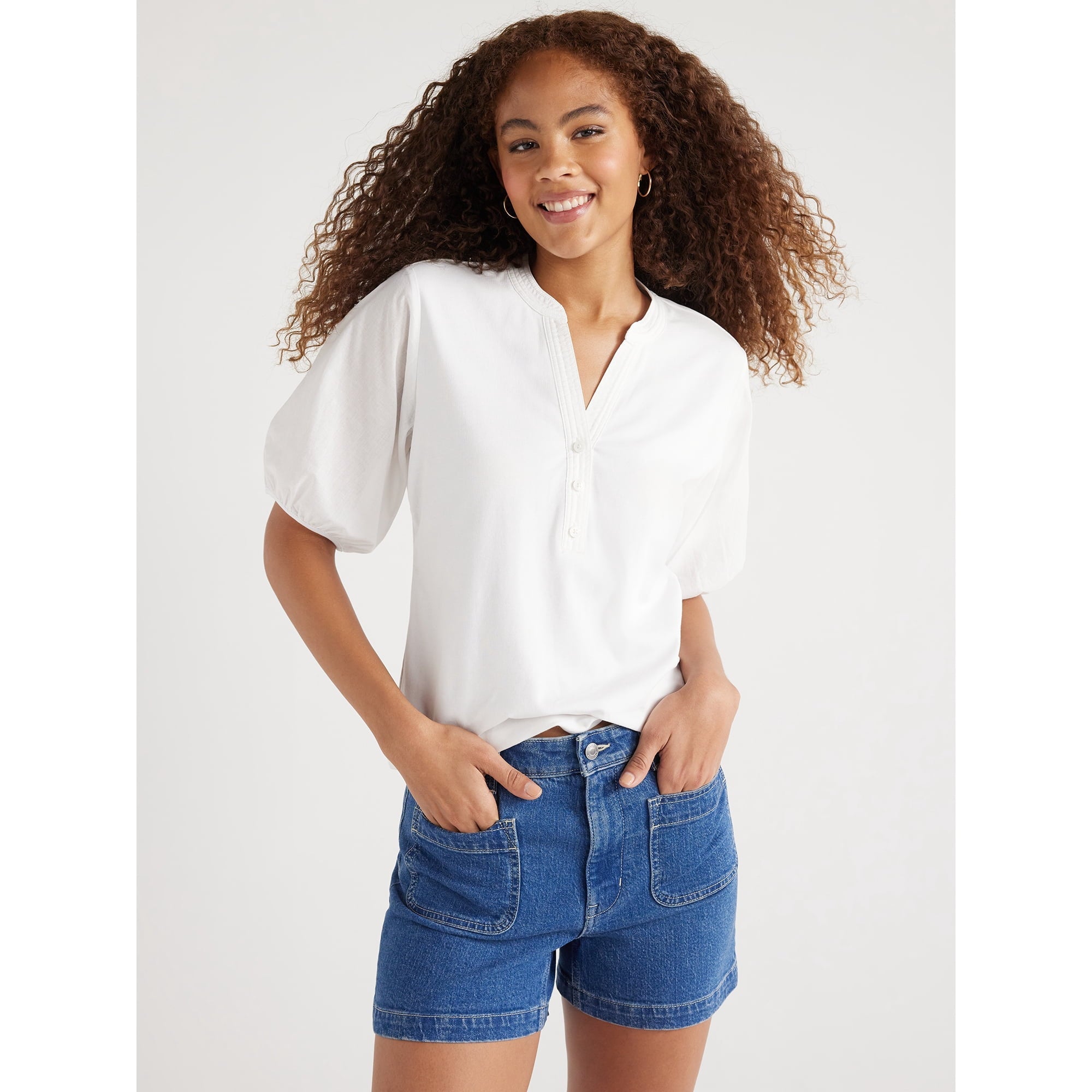 SIZE: XS - Free Assembly Women’s Henley Tee with Short Puff Sleeves