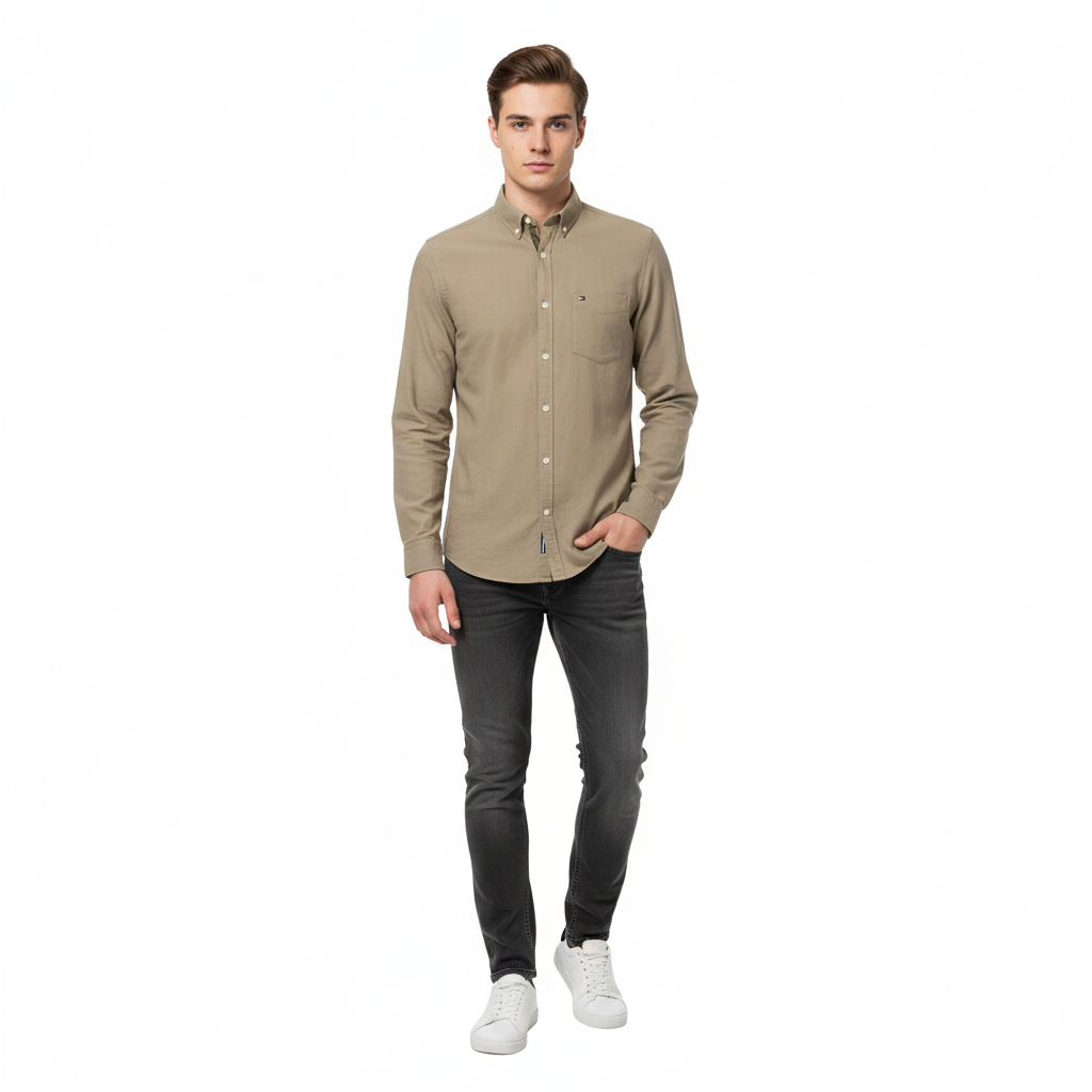 Tommy Hilfiger Men’s Long Sleeve Shirt, DARK BIEGE