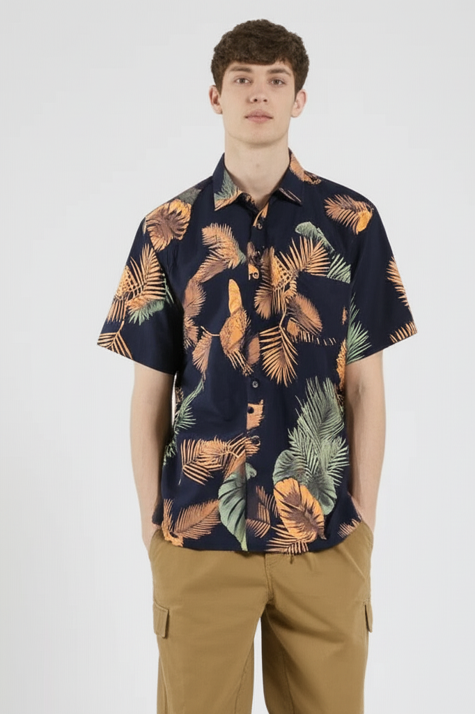 Denim & Flower Ricky Singh Men’s Leaf Print Half Sleeve Shirt – Casual Summer Wear