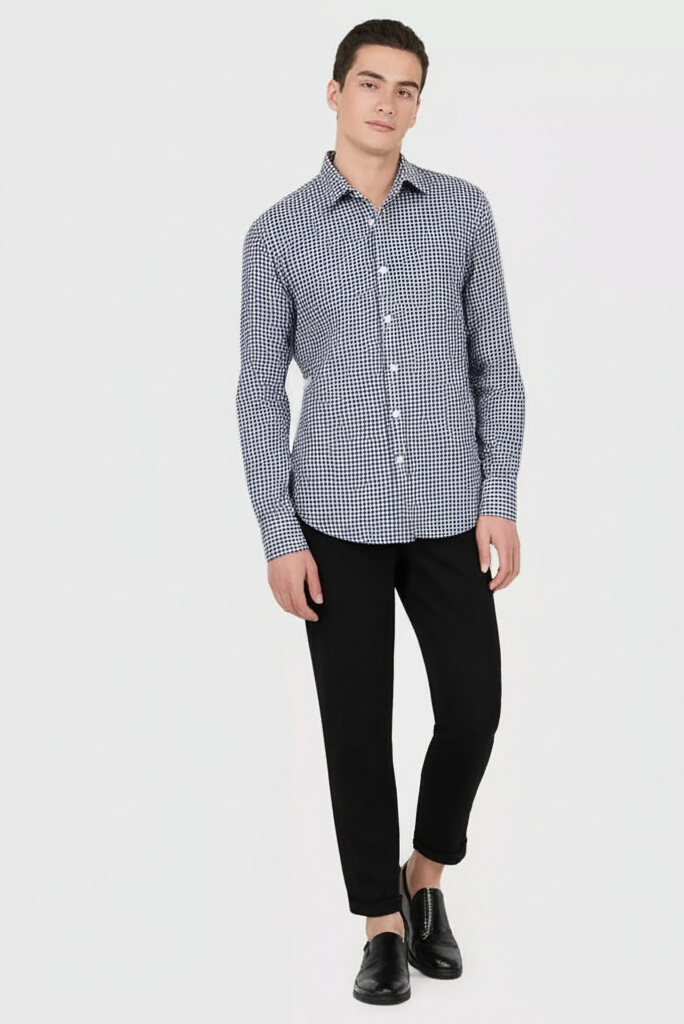 Charles Tyrwhitt Men’s Dark Blue & White Plaid Long Sleeve Shirt