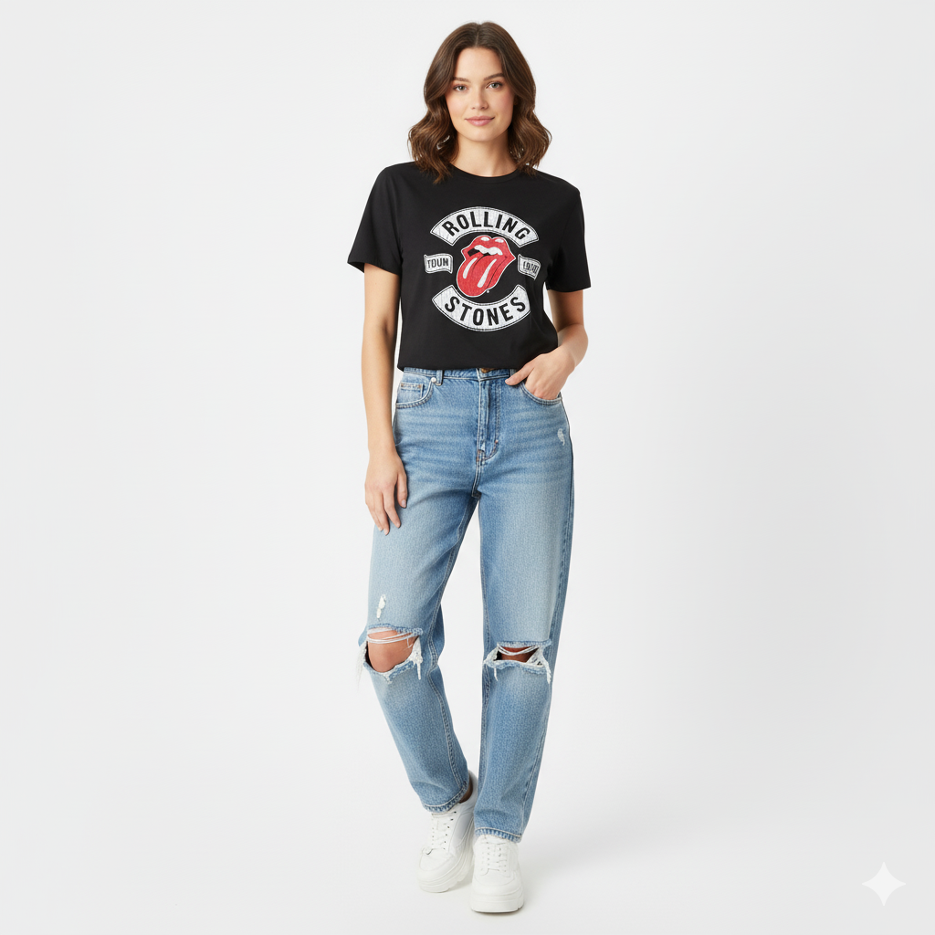 WOMEN'S BLACK T SHIRT WITH PRINT