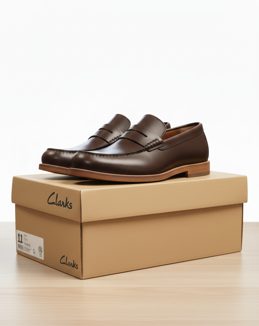 Clarks Men’s Brown Leather Penny Loafers – Classic Slip‑On Dress Shoes with Premium Comfort