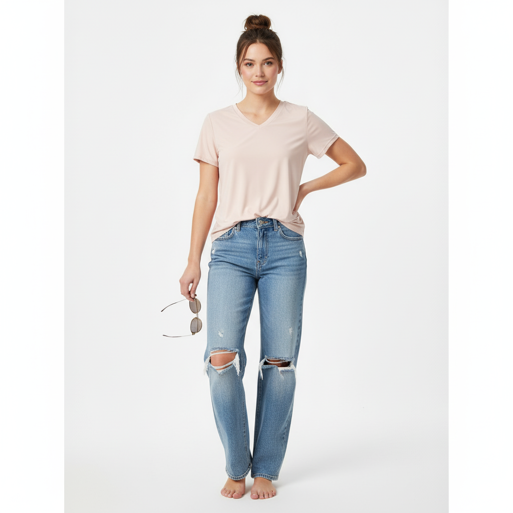 WOMEN'S BEIGE V NECK T SHIRT
