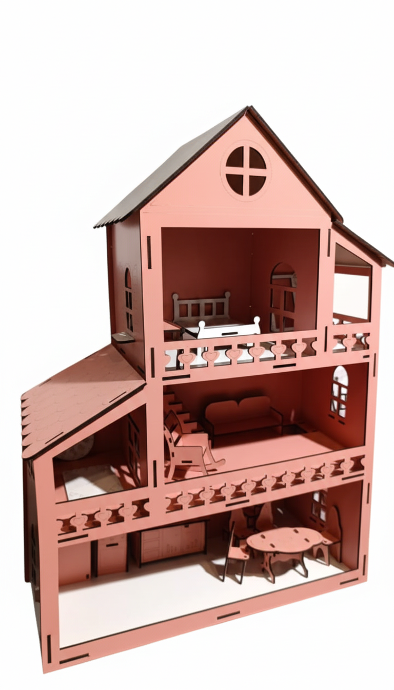 Wooden Dollhouse Pink Laser-Cut Dollhouse
