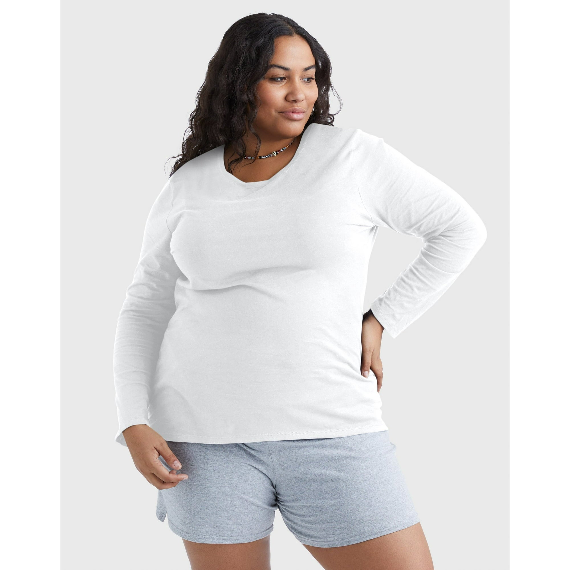 المقاس: 3XL - تي شيرت Hanes نسائي ونسائي كبير الحجم من القطن برقبة دائرية وأكمام طويلة