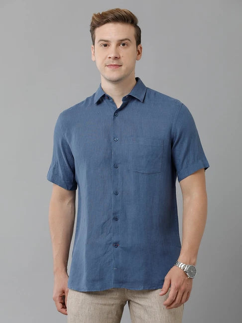 قميص كتان بقصّة عادية من Linen Club باللون الأزرق الداكن من Linen Club
