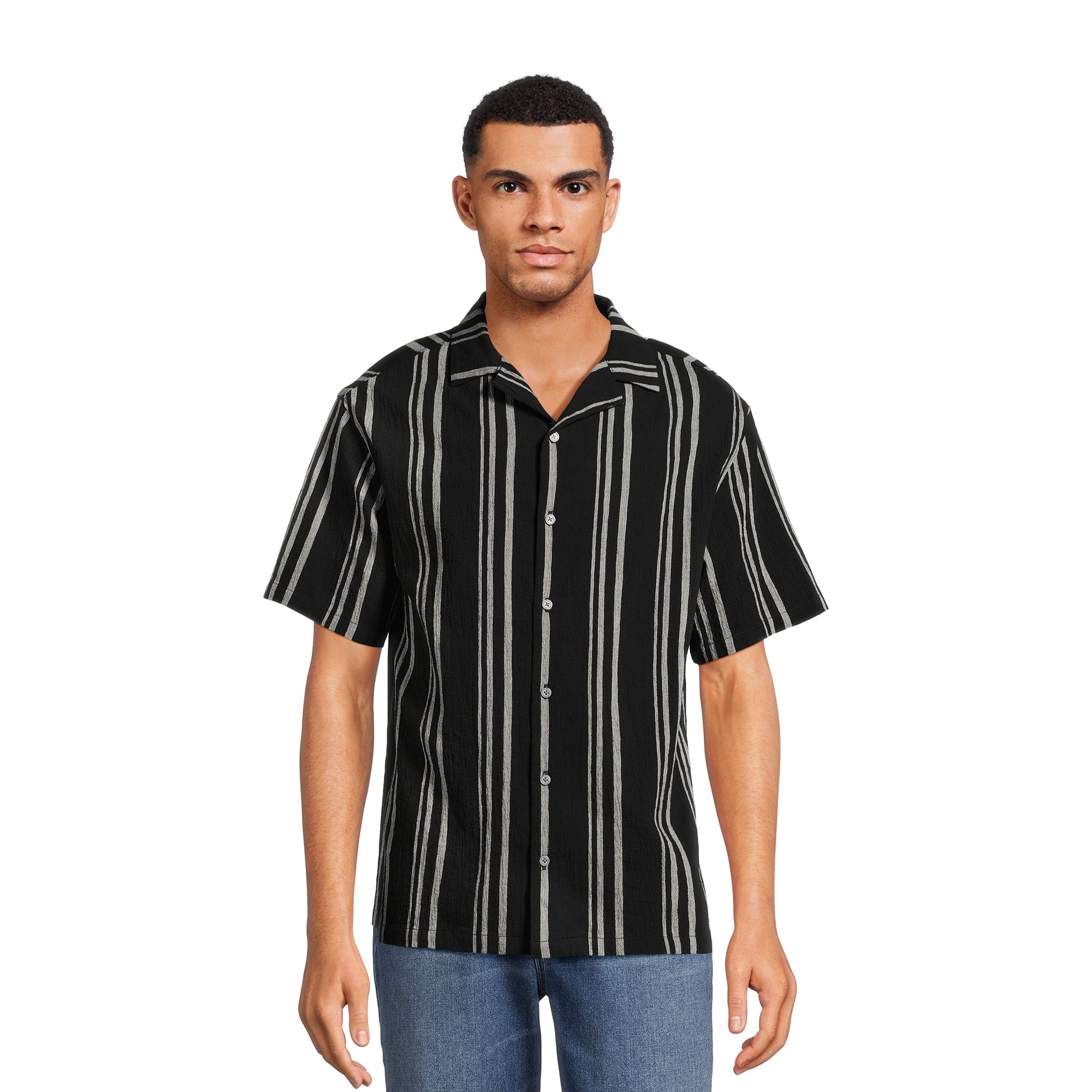 SIZE: 3XL - No Boundaries Men's and Big Men's Cotton Crinkle Button Front Shirt with Short Sleeves