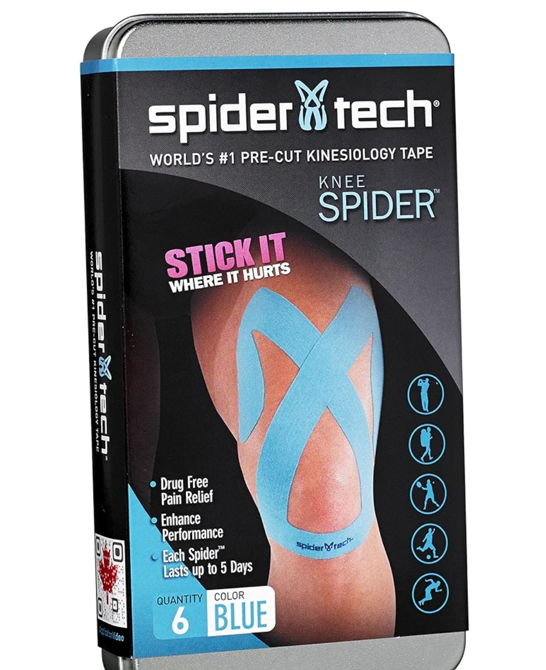 Spidertech Kinesiology Precut Upper Knee Tape 6-Pieces, Blue