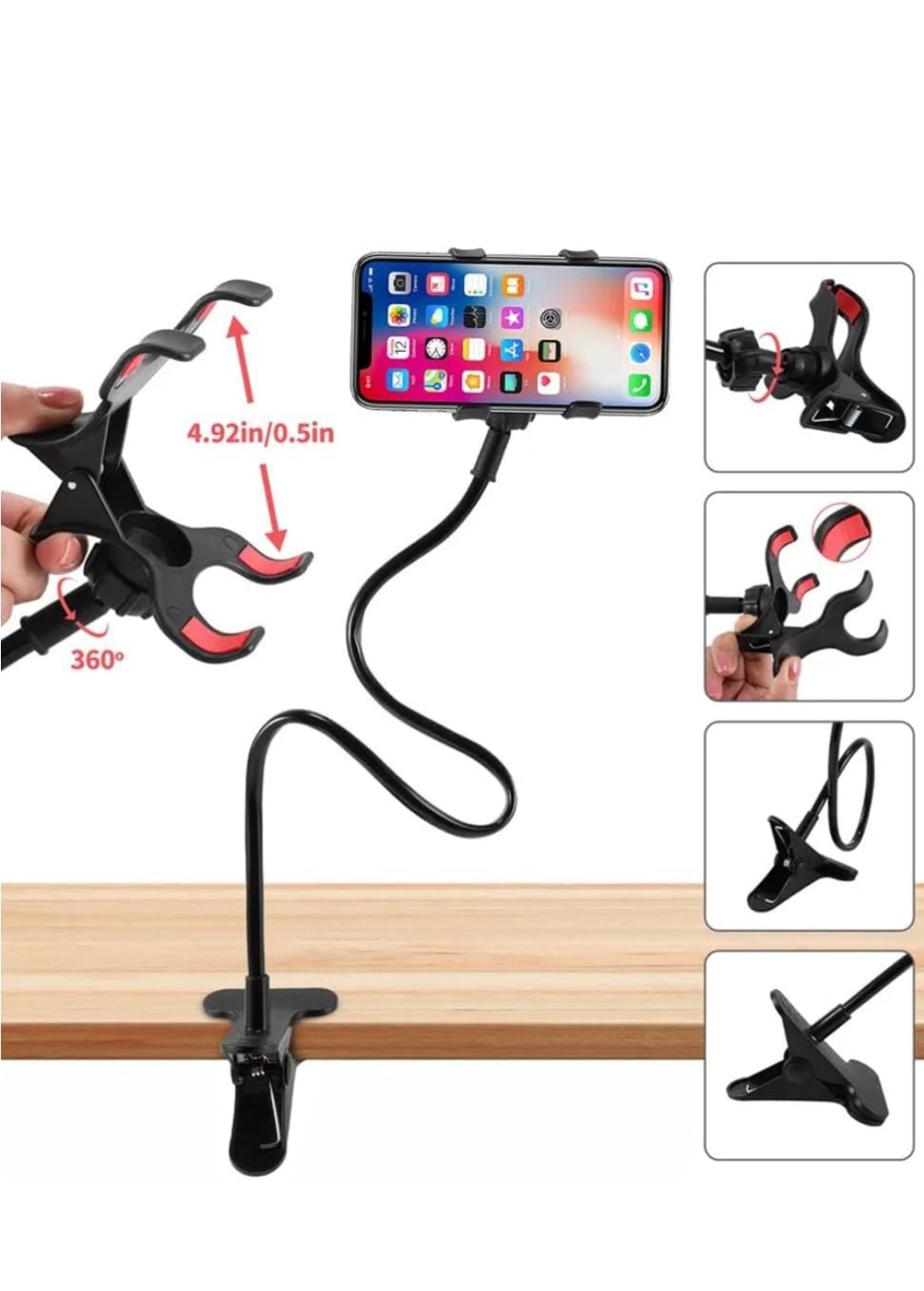MARGOUN Lazy Bed Desktop Bracket Mount Stand Universal Flexible 360 Clip Holder For Mobile Phone (Black
