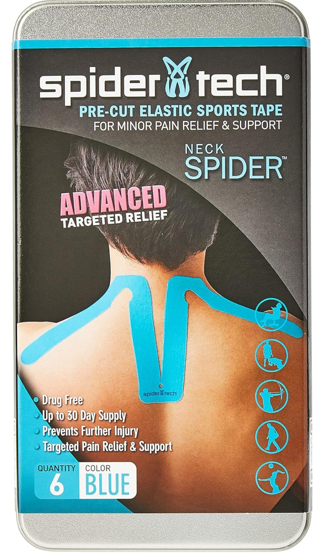 Spidertech Kinesiology Tape. Precut Neck - 6 Pack Tin, Blue