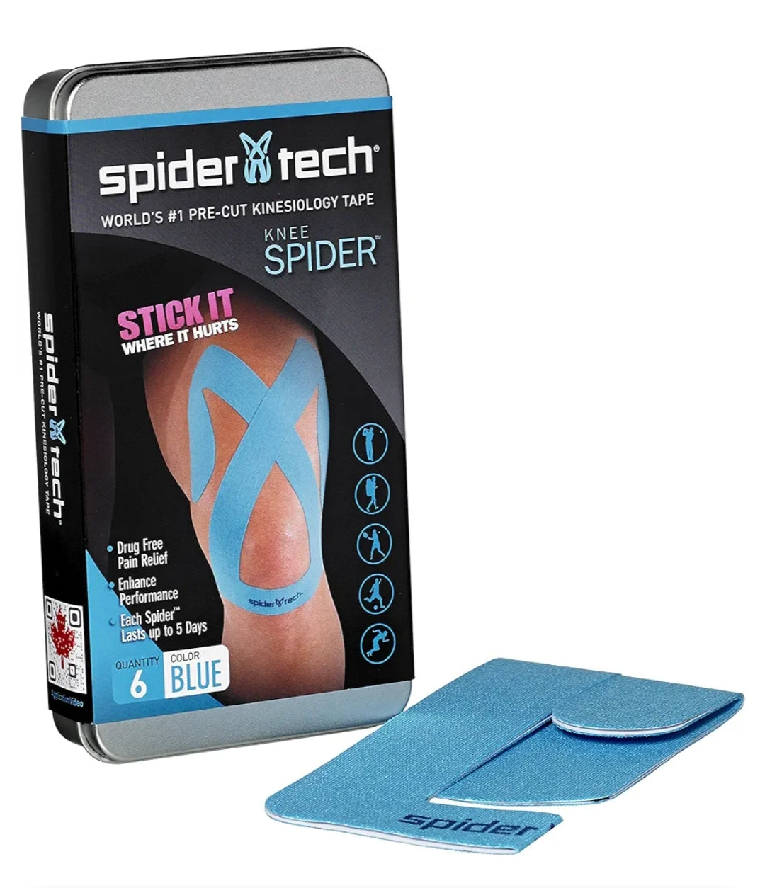 Spidertech Kinesiology Precut Upper Knee Tape 6-Pieces, Blue