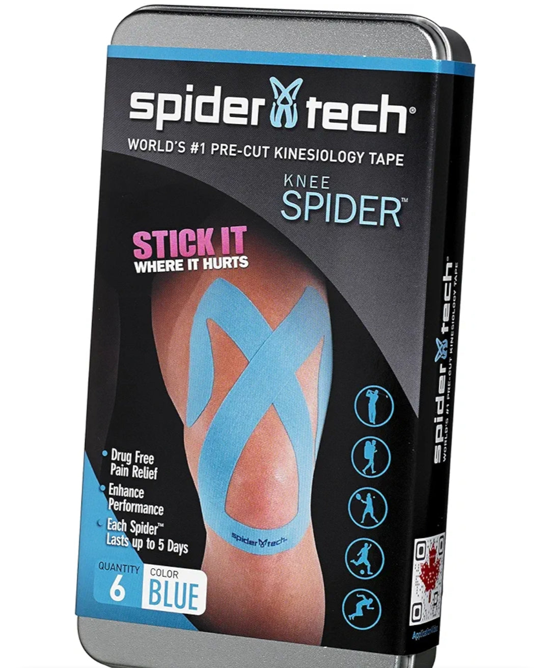 Spidertech Kinesiology Precut Upper Knee Tape 6-Pieces, Blue
