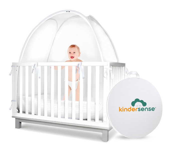 KinderSense® - Baby Safety Crib Tent - Premium Toddler Crib Topper to Keep Baby from Climbing Out - See Through Mesh Crib Net - Mosquito Net - Pop-Up Crib Tent Canopy White Wave
