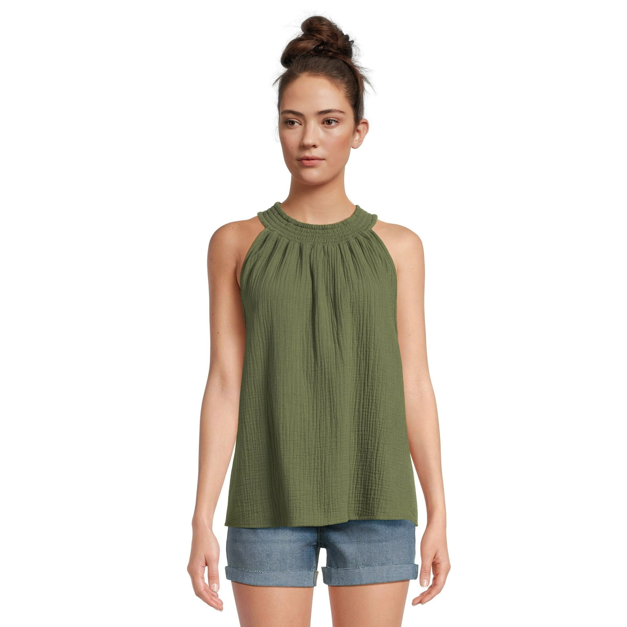 SIZE: XL(16-18) - Time and Tru Women's Smocked Halter Woven Top