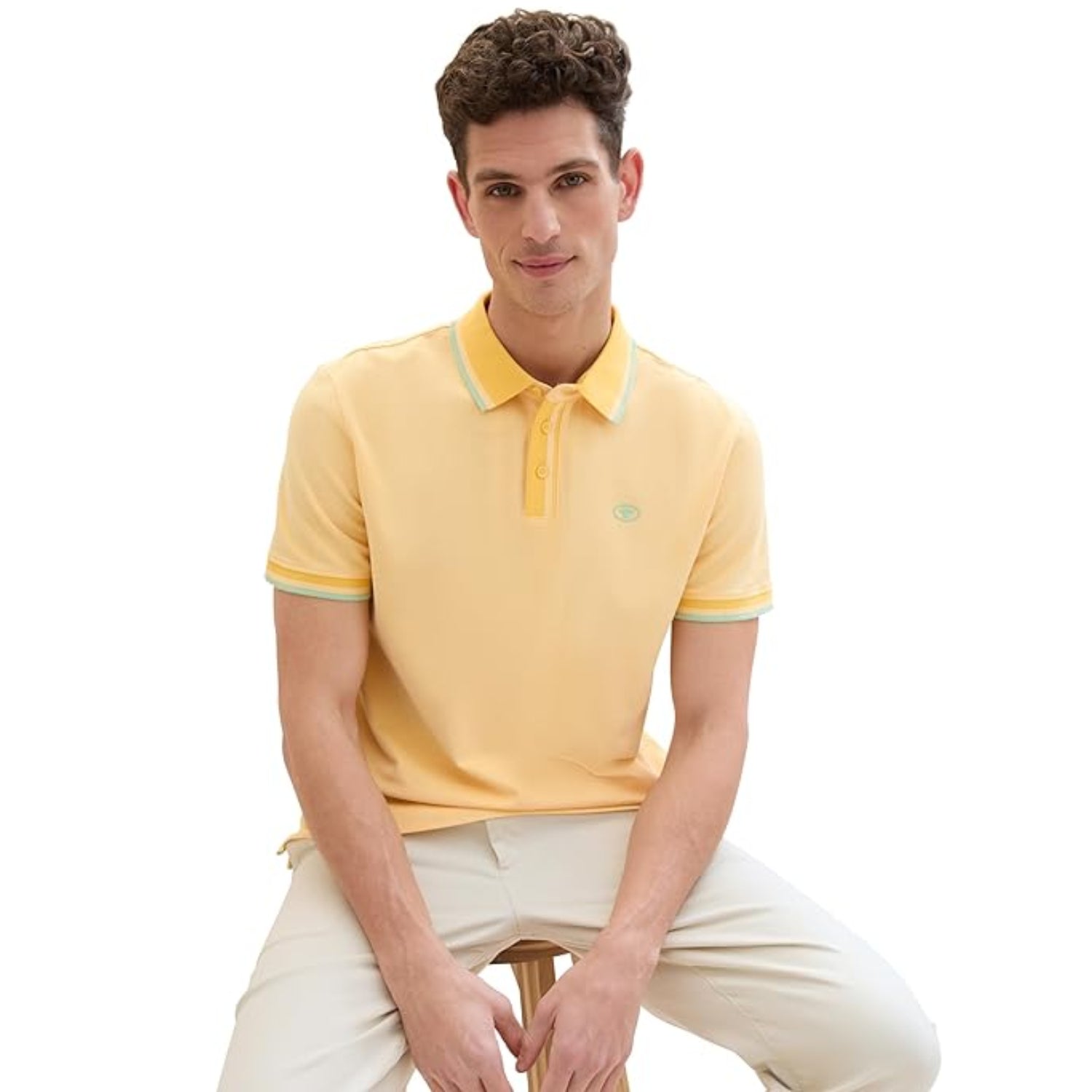 TOM TAILOR Men's Basic Pique Polo Shirt White Sunny Yellow Twotone