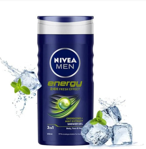 NIVEA MEN Hair, Face & Body Wash, Energy Shower Gel, 250ml