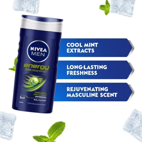 NIVEA MEN Hair, Face & Body Wash, Energy Shower Gel, 250ml