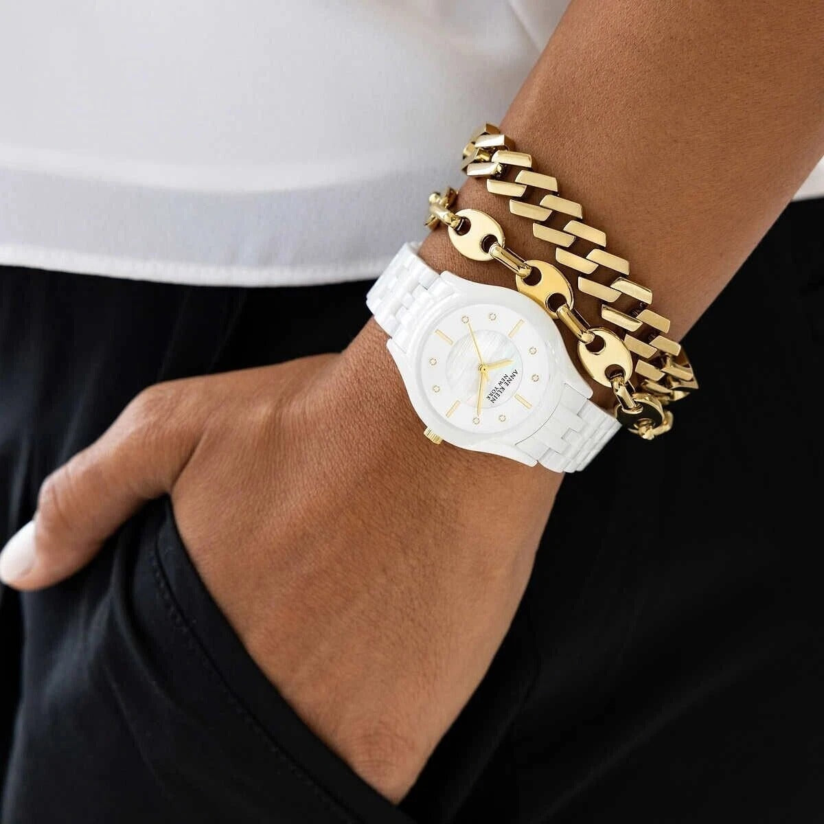 Anne Klein Ladies 12/7740WTST White Ceramic Watch w/ 2- Gold Tone SS Bracelets