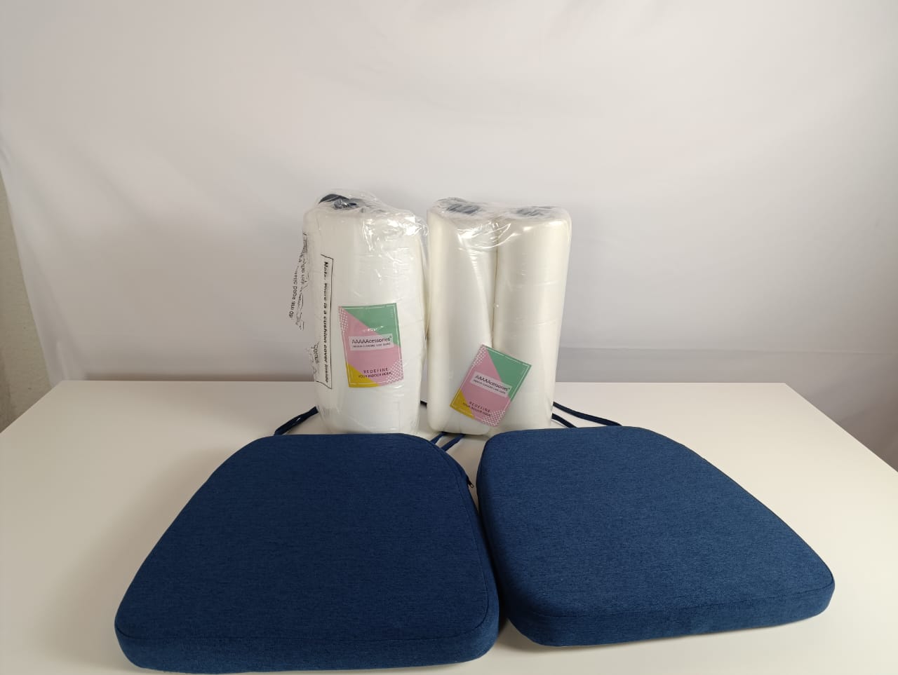 AAAAAcessories D-Shaped Chair Cushions for Dining Chairs with Ties and Removable Cover, 43 cm W x 40 cm L x 5 cm H, Set of 6, Blue