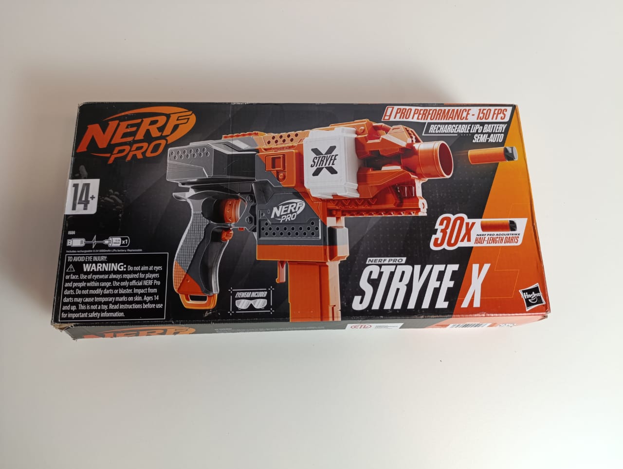 NERF Pro Stryfe X Dart Semi-Auto Blaster, Rechargeable LiPo Battery, 30 AccuStrike Half-Length Darts, 15-Dart Magazine, 150 FPS, Eyewear, 14+ (Amazon Exclusive)