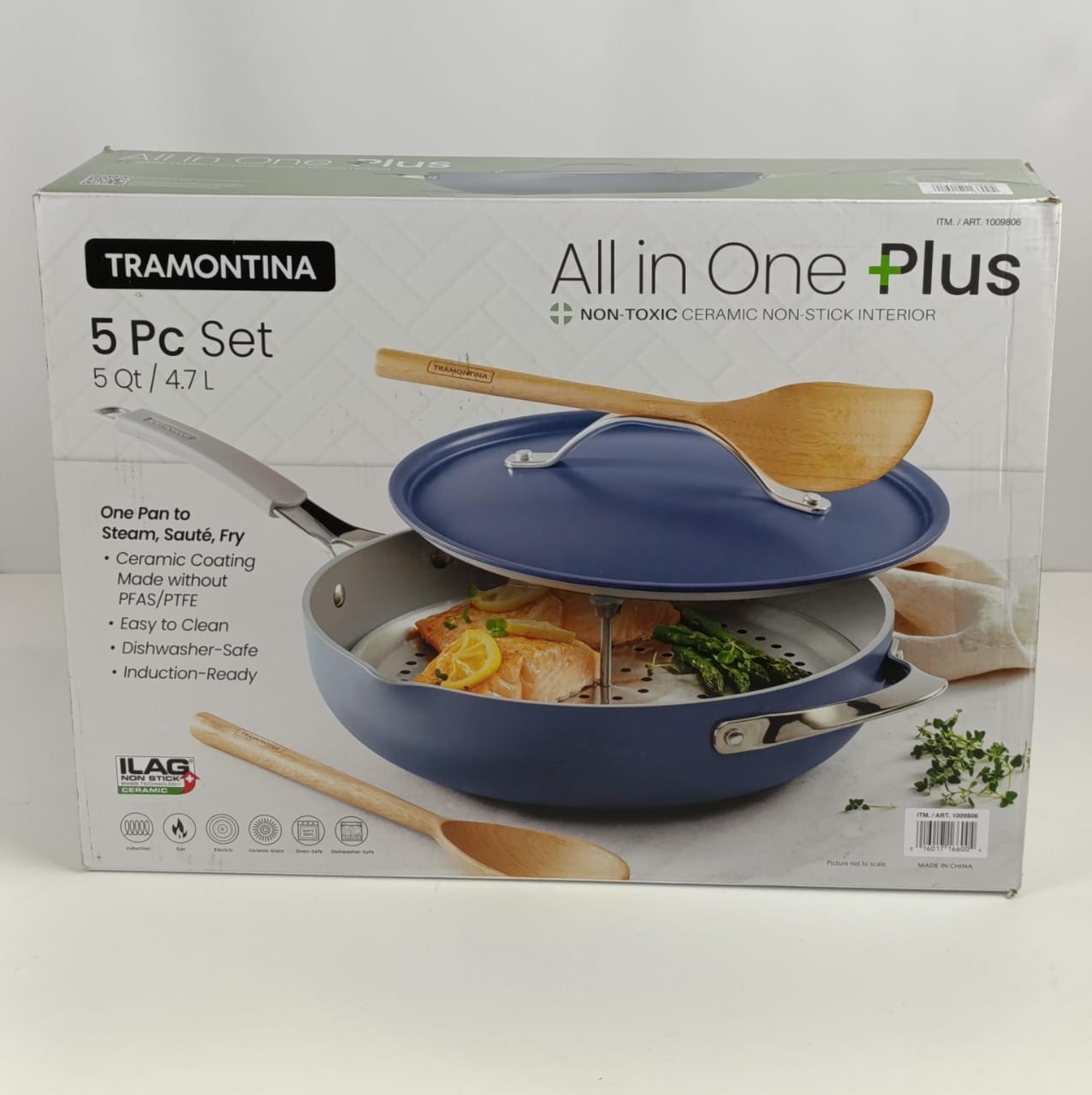 مقلاة ترامونتينا الكل في واحد بلس 30 سم/4.7 لتر سهلة التنظيف من الفولاذ المقاوم للصدأ مطلية بالسيراميك، لون أزرق