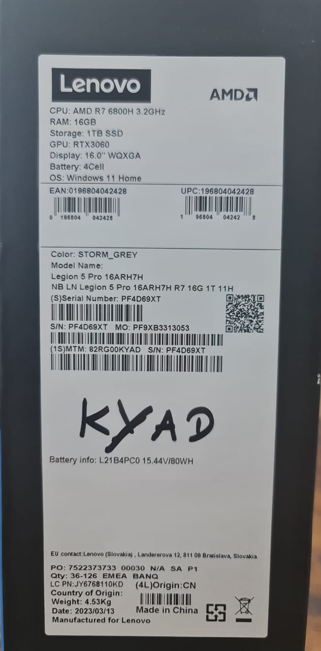 Lenovo Legion 5 Pro Gaming Laptop 16 inch 16ARH7H Gaming Laptop, AMD Ryzen 7, 16GB, 1TB SSD, RTX3060, Storm Grey