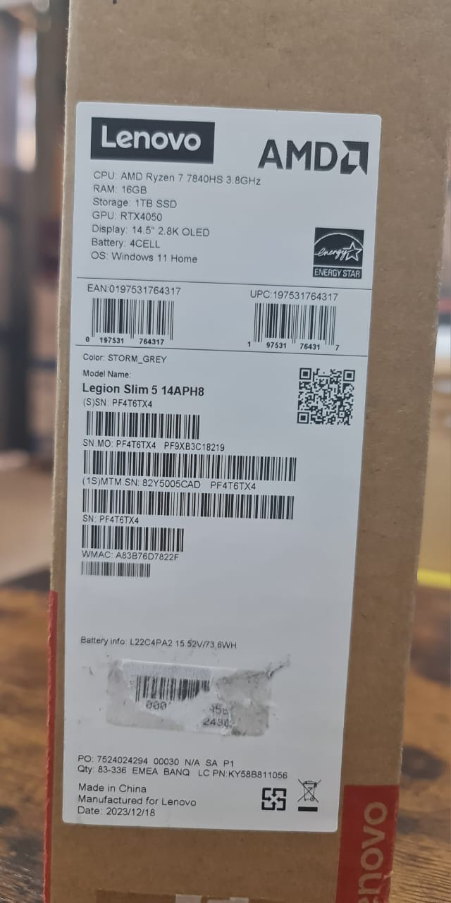 Lenovo Legion UltraSlim 5 14APH8, Gaming Laptop, 14.5" 2.8K OLED Display, AMD Ryzen 7-7840HS, 16GB RAM, 1TB SSD, NVIDIA® GeForce RTX™ 4050 6GB, Win11, Storm Grey