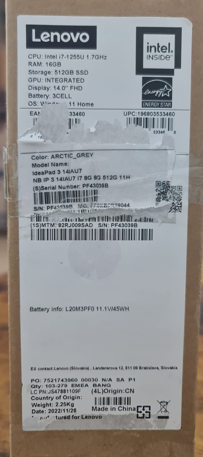 Lenovo IdeaPad 3 Ultraslim Notebook – 12th Gen / Intel Core i7-1255U / 14 inch FHD / 512GB SSD / 16GB RAM / Shared Intel Iris Xe Graphics / Windows 11 Home / English & Arabic Keyboard / Arctic Grey