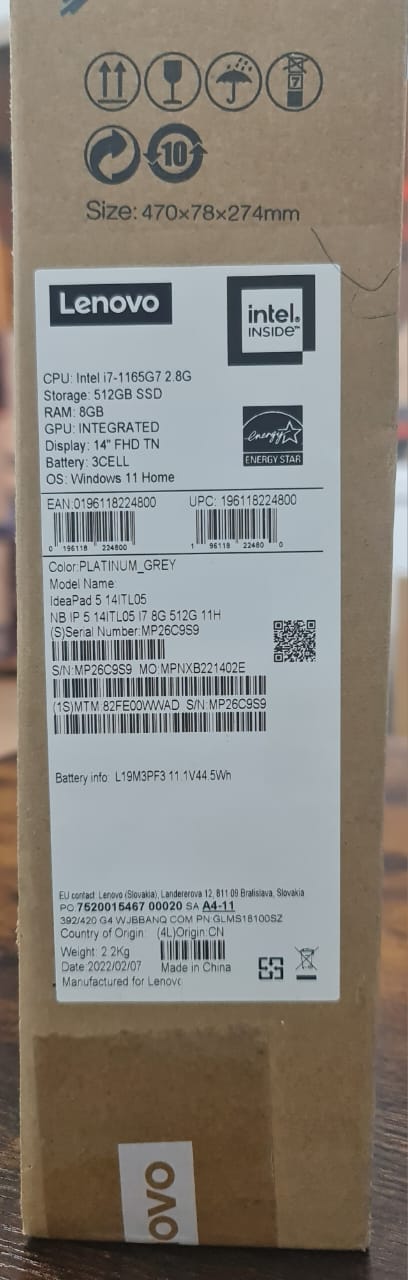 Lenovo IdeaPad Slim 7 14ITL05 Laptop | 14" FHD TN | Core i7-1165G7-512GB SSD Hard Drive - 8GB RAM | Win 11 Home | Platinium Grey (MP26C9S9)