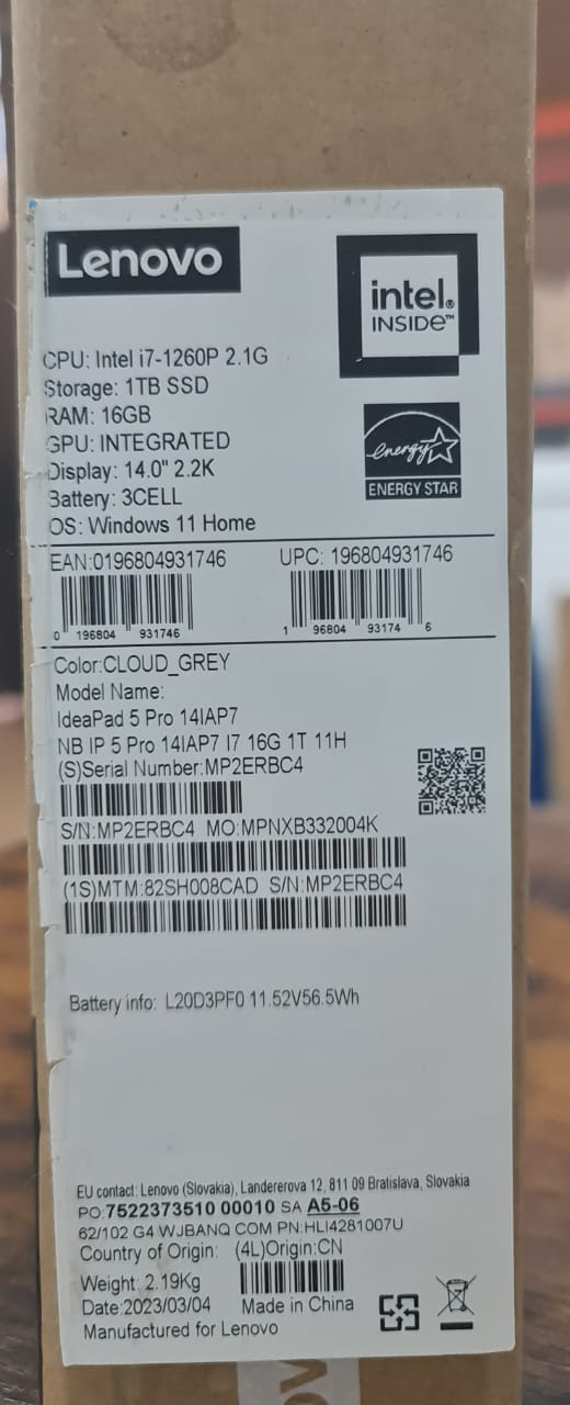 Lenovo IdeaPad 5 Pro 14IAP7 Laptop – 12th Gen ,Core i7, 16GB 1TB, Win 11 Home, 14 inch 2.2K, Cloud Grey