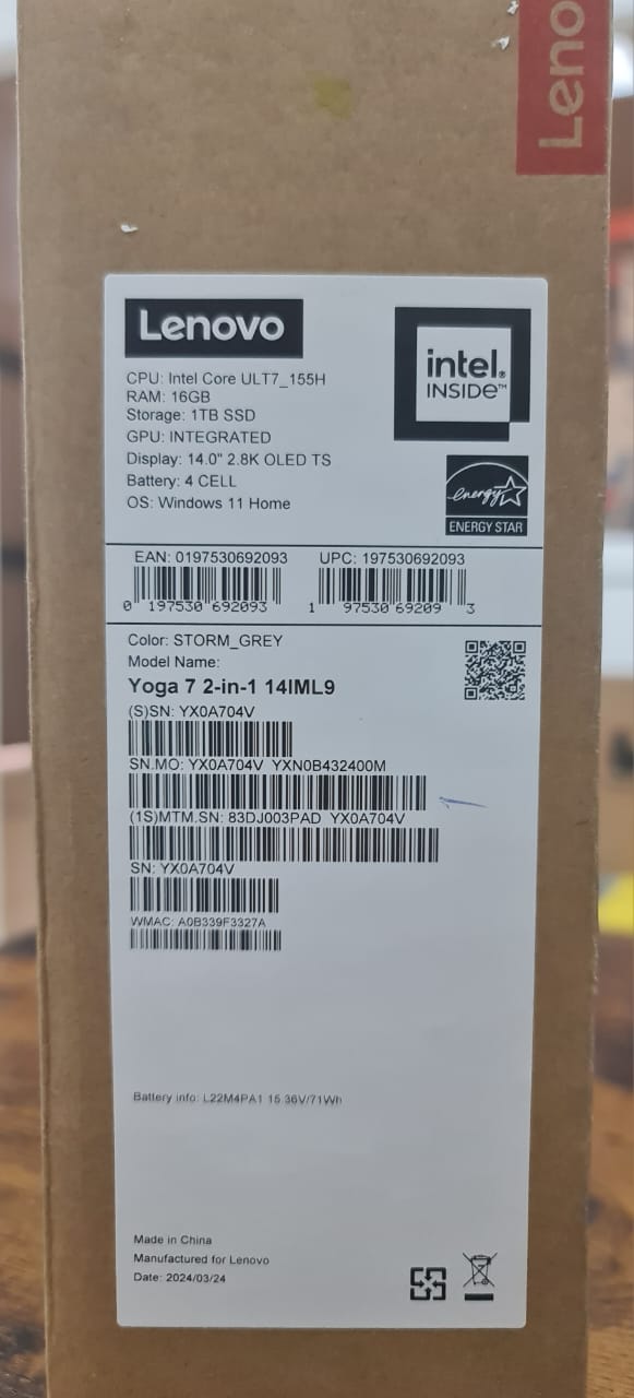 Lenovo Convertible Notebook Yoga 7 2-in-1, 14IML9 -14" OLED Touch Display, Intel U7-155H Processor, 16GB RAM, 1TB SSD, Integrated Intel® Arc™ Graphics, Win11, Storm Grey