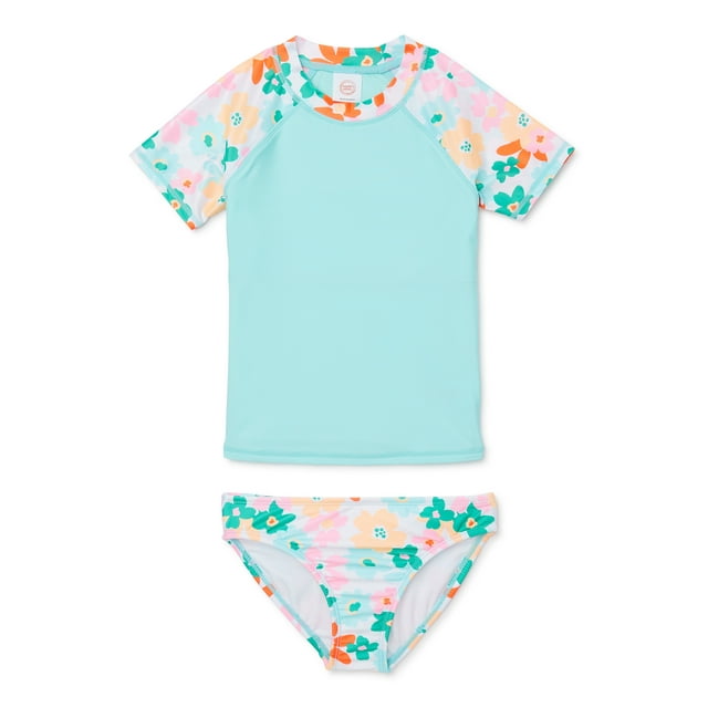 Size S (6-6X) - Wonder Nation Girls Short Sleeve Rashguard Swimsuit with UPF 50