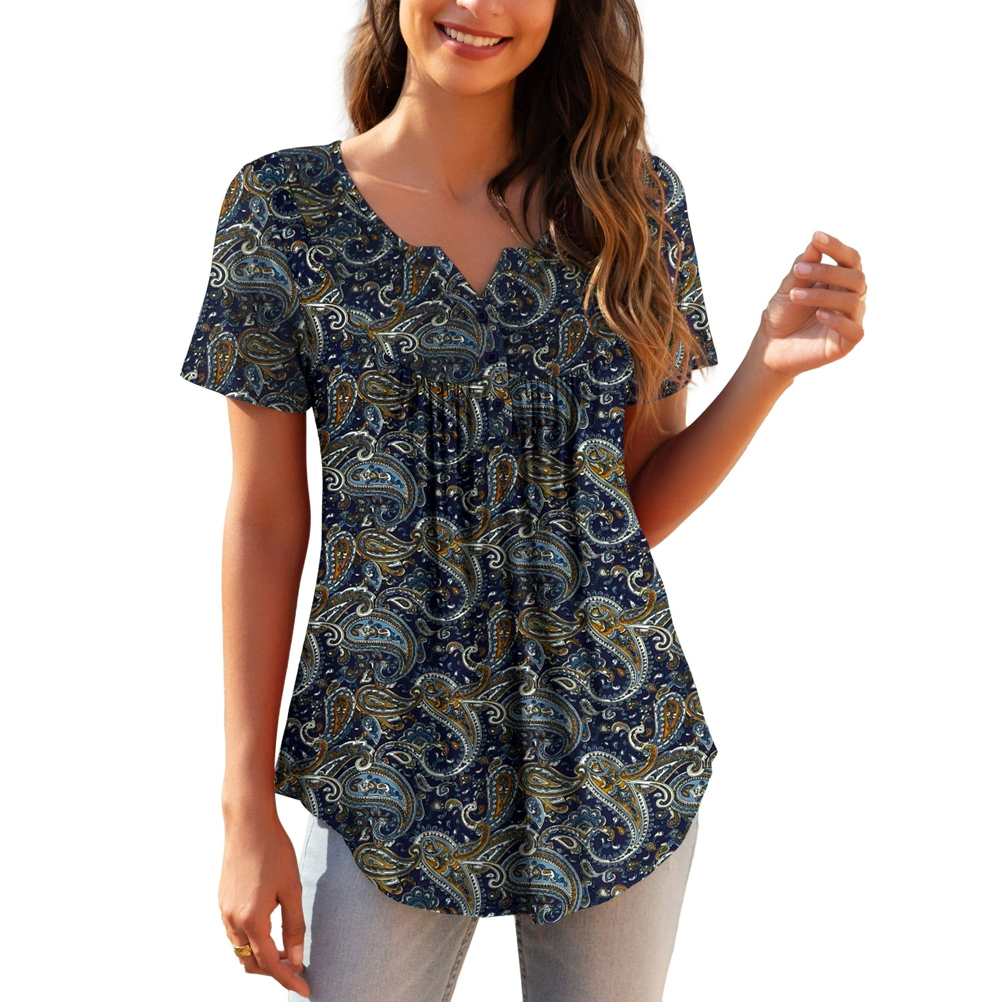 SIZE: XL - a.Jesdani Womens Plus Size Tunic Tops Short Sleeve Casual Floral Henley Shirts
