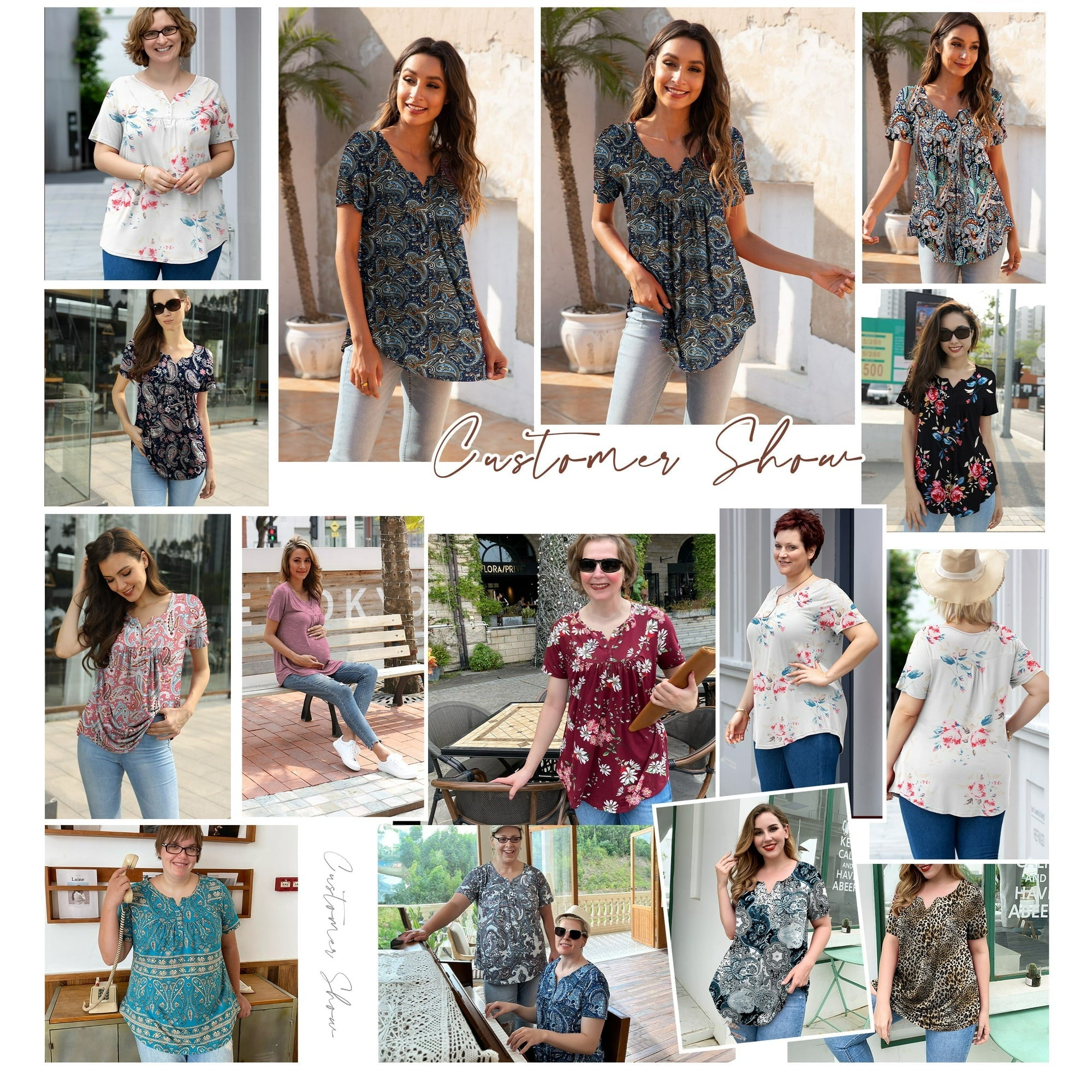 المقاس: XL - a.Jesdani بلوزة نسائية كبيرة الحجم بأكمام قصيرة وقميص هينلي كاجوال مزين بالزهور