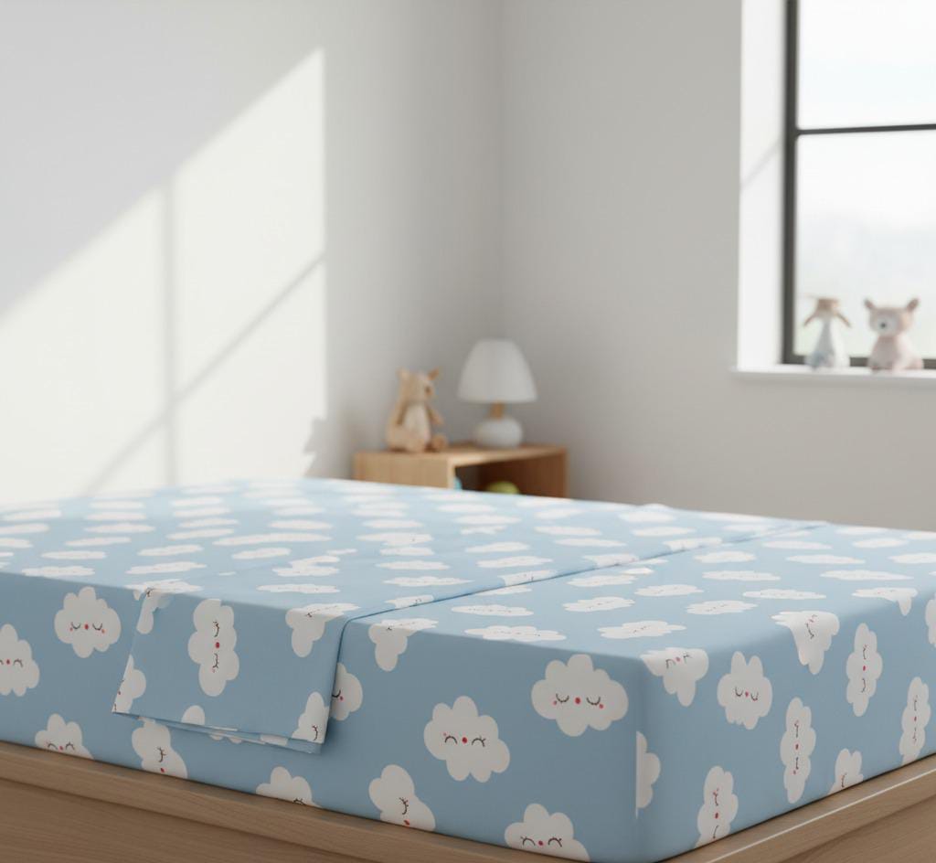 Milkshake 100% Cotton Sky Blue Cloud Set: Fitted Sheet, 2 Pillow Shams, and Matching Pleated Curtain 99 cm × 190 cm