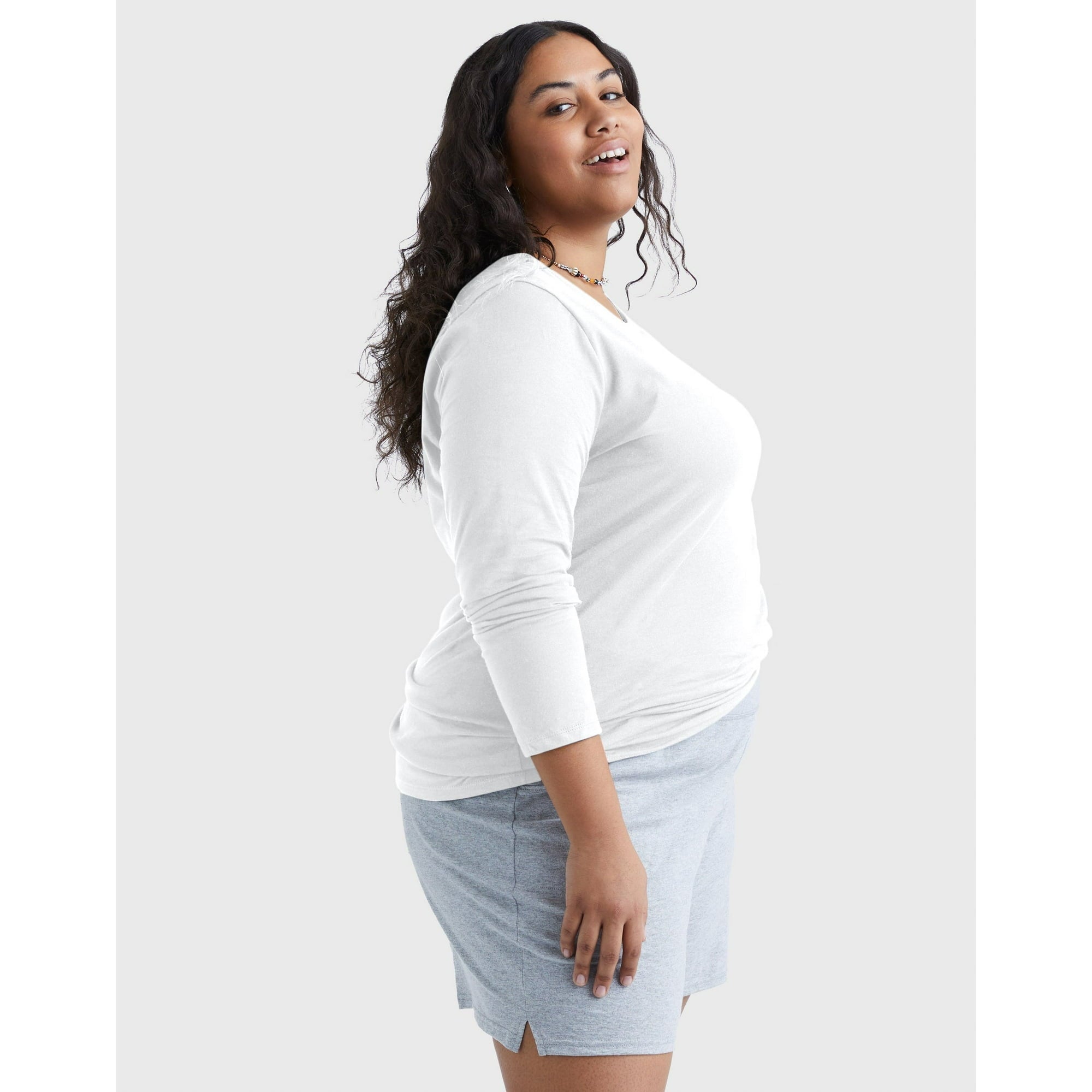 المقاس: 3XL - تي شيرت Hanes نسائي ونسائي كبير الحجم من القطن برقبة دائرية وأكمام طويلة