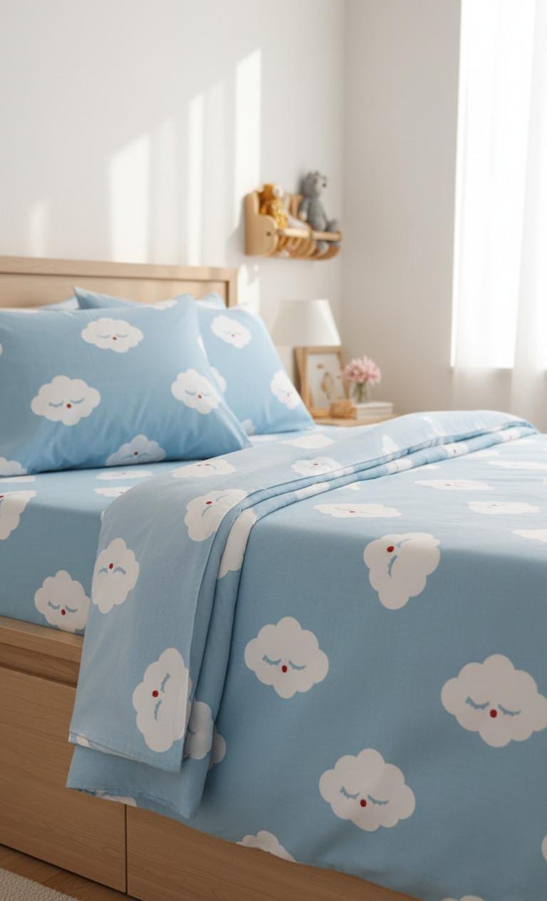 Milkshake 100% Cotton Sky Blue Cloud Set: Fitted Sheet, 2 Pillow Shams, and Matching Pleated Curtain 99 cm × 190 cm