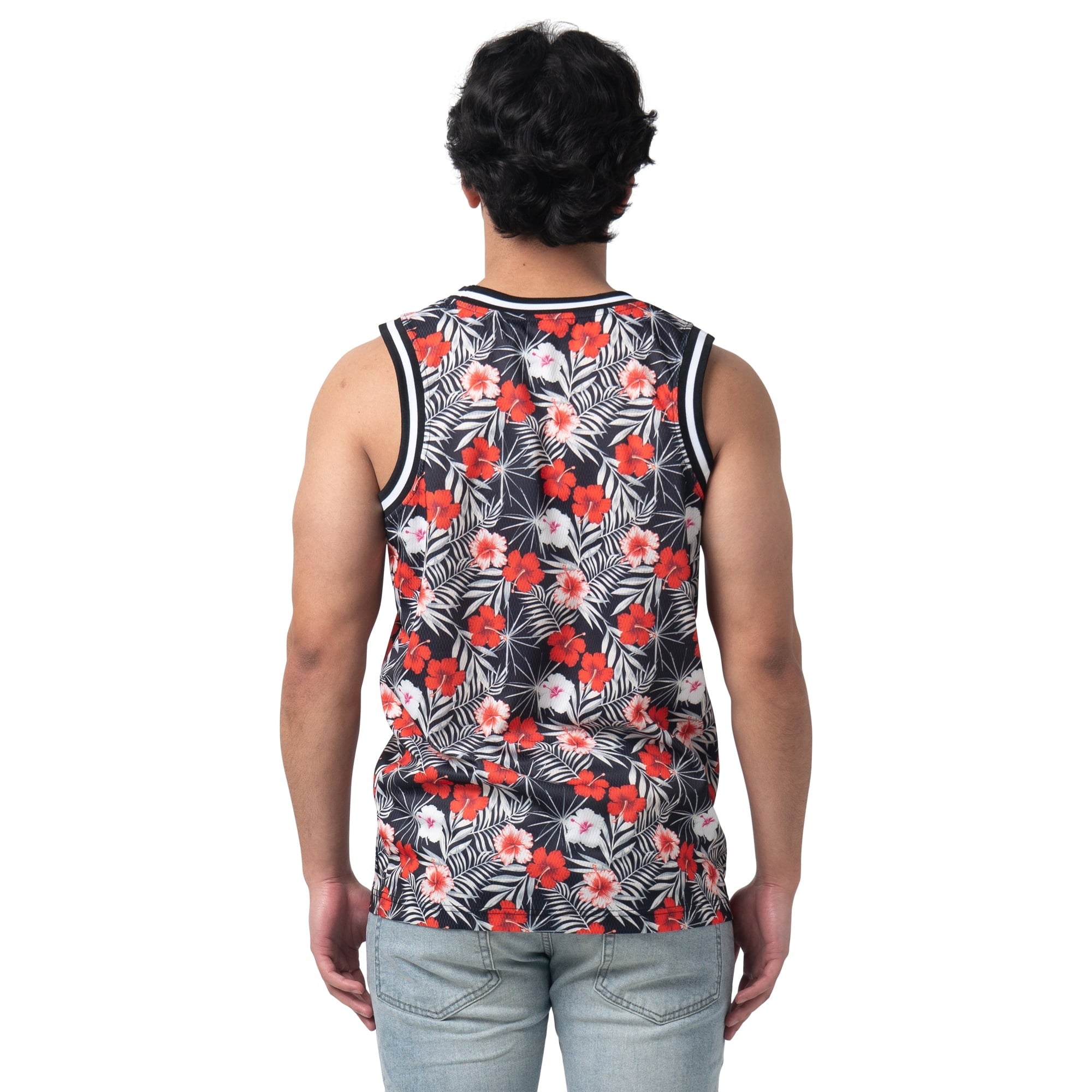 المقاس: M - قميص كرة السلة للرجال من WeSC مطبوع عليه زهور الكركديه بالكامل