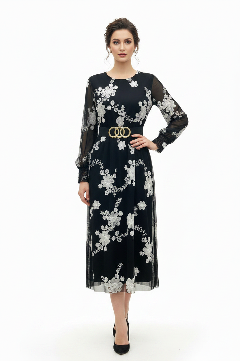 Black Floral Embroidery Dress - Model