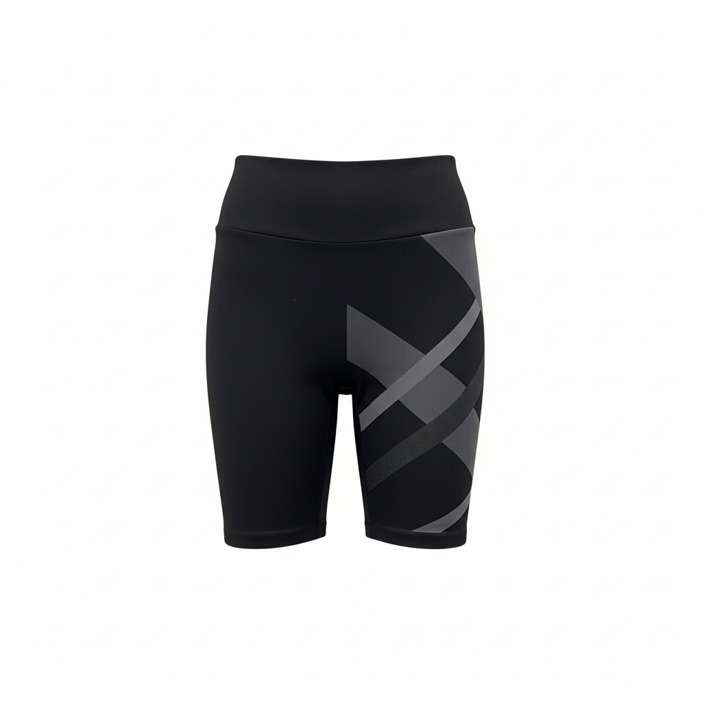 Black X-pattern bike shorts ghost mannequin