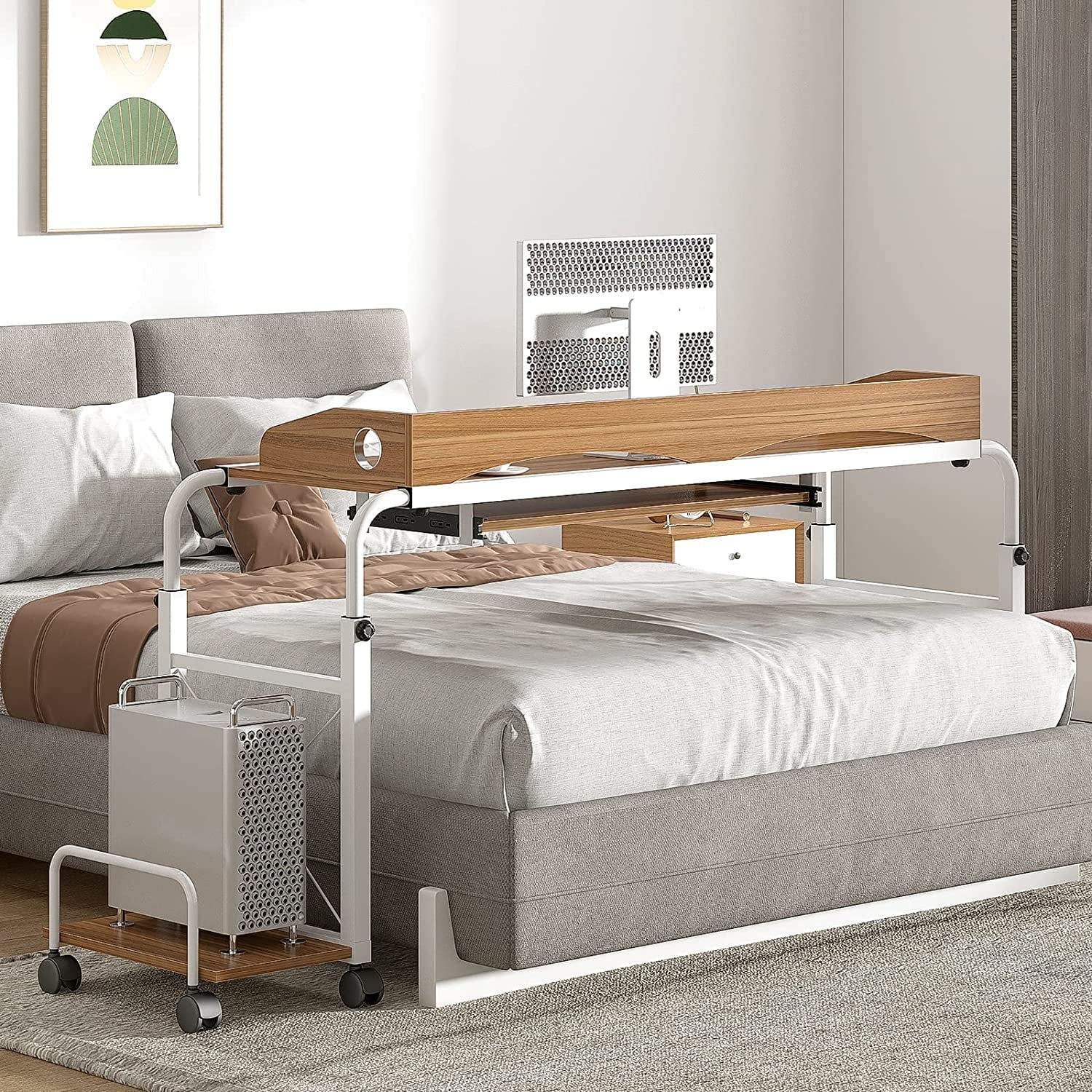 Soges Overbed Table with Wheels,Height and Length Adjustable Mobile Table 120 cm, Oak